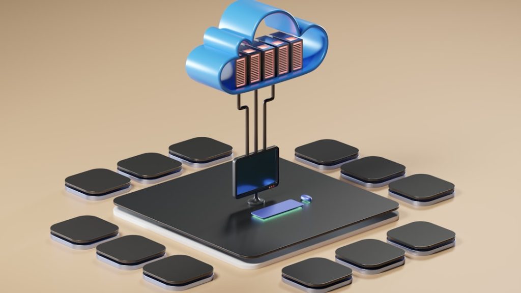 3D render of a hybrid cloud computing network combining private and public cloud infrastructure